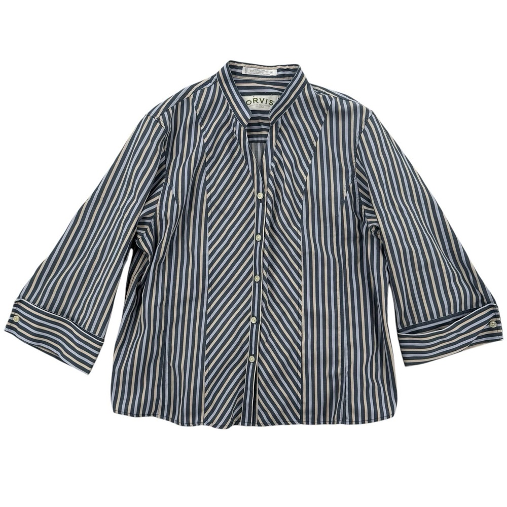 Orvis Button Up Shirt Womens Size 14 Striped‎ Wrinkle Free 3/4 Sleeve Top